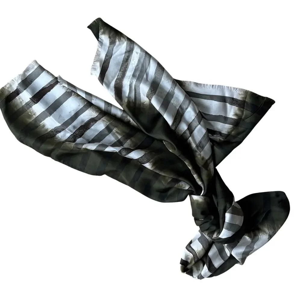 Chico’s silk scarf wrap shawl khaki green & white mod abstract stripes fringe